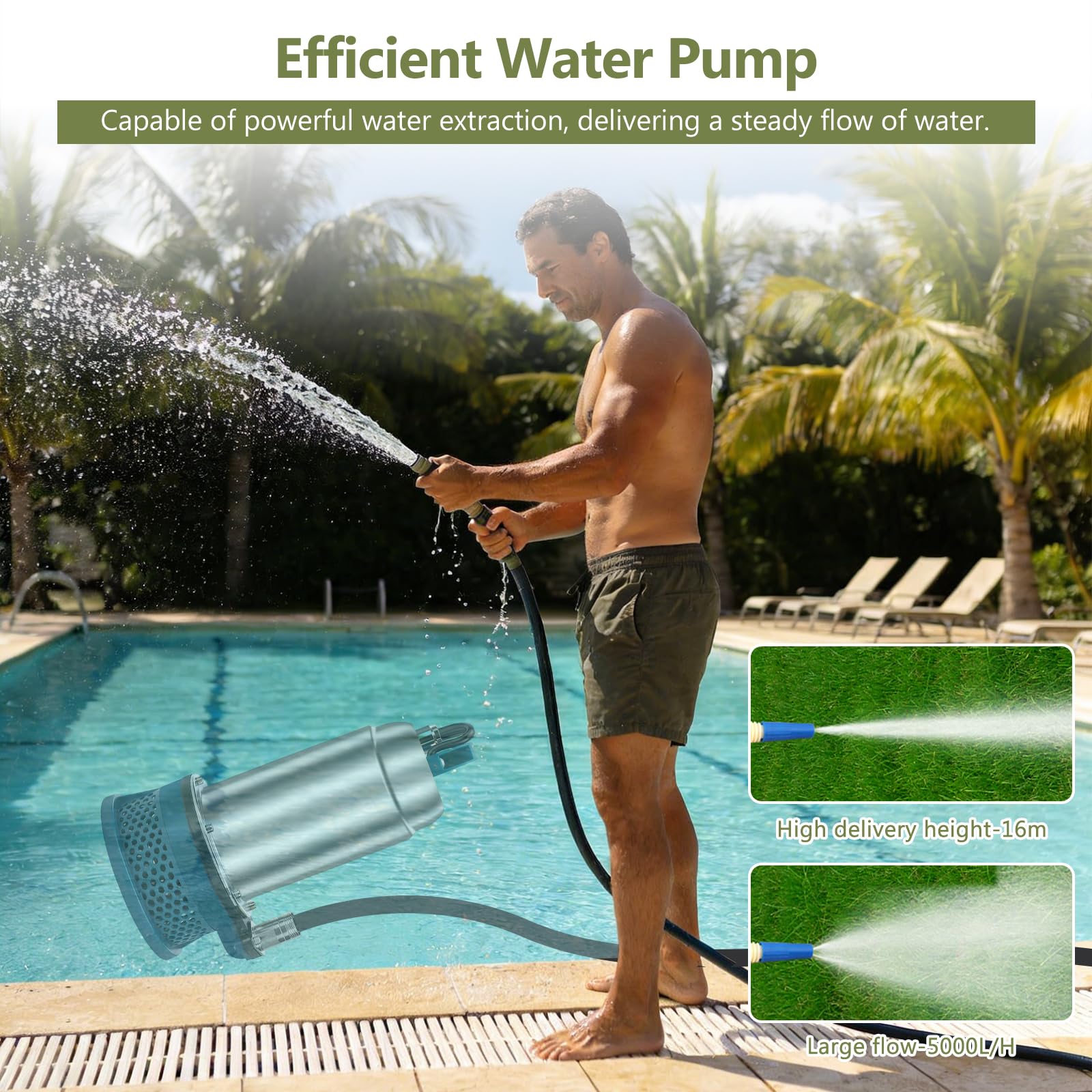 Bomba de agua Compatible con Makita 18V, 5000L/H Bomba Sumergible con Manguera de agua de 5 m, Cable de 3m, bomba de sumidero para Piscina, Camas de Agua, Ducha de Jardín, Charco, Agua Sucia