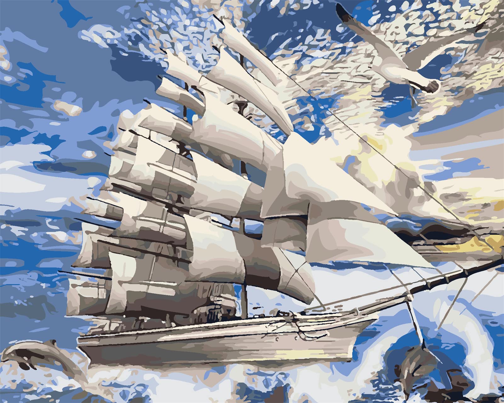 WOWDECOR Paint by Numbers Kits for Adults Kids, DIY Oil Painting - White Sailboat Seagull 16x20 inch (Frameless)