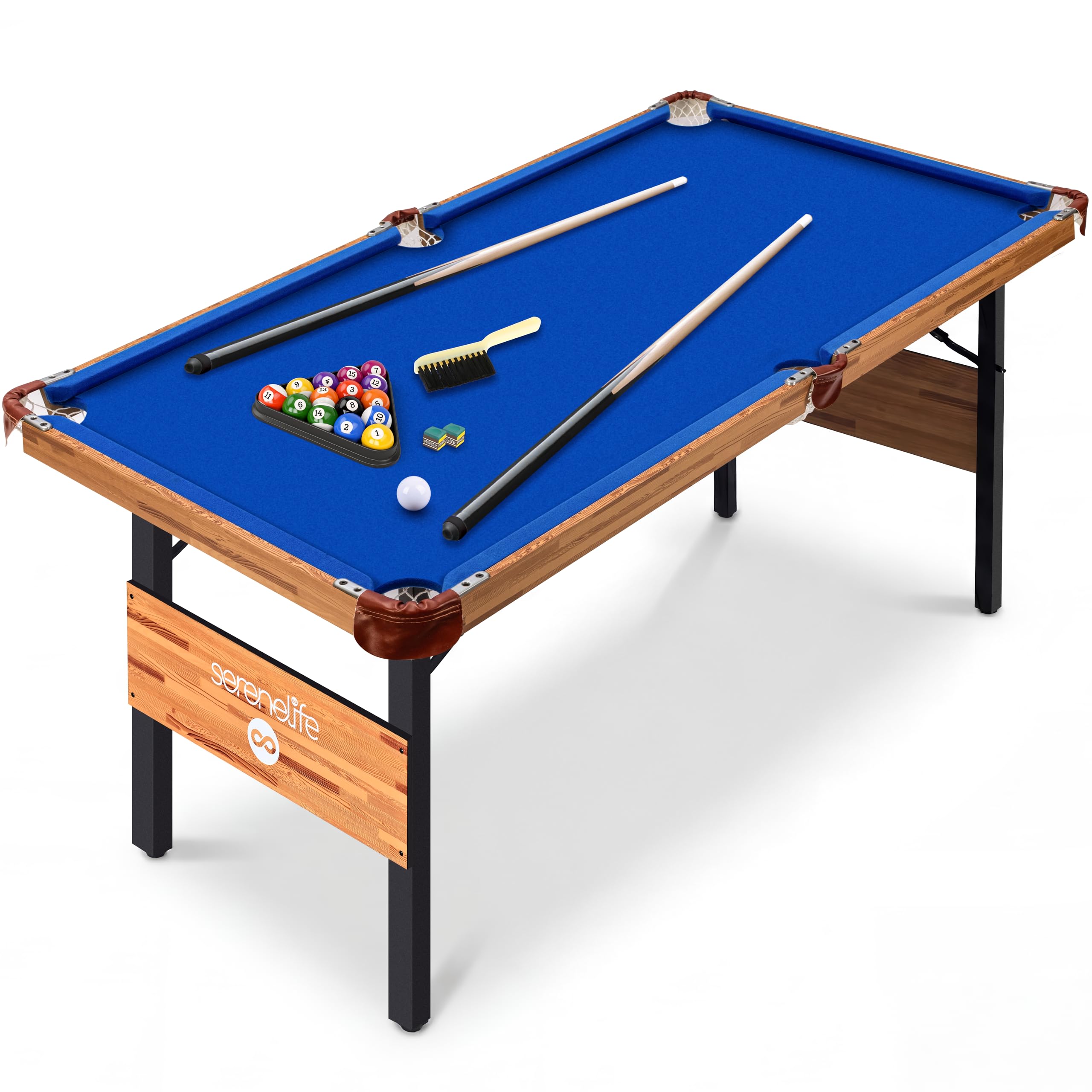 SereneLife 4.5ft Folding Pool Table, 55in Portable Foldable Billiards Game Table for Kids and Adults with Accessories, Indoor and Outdoor Games with Sticks, Cue, Balls and Triangle, Blue
