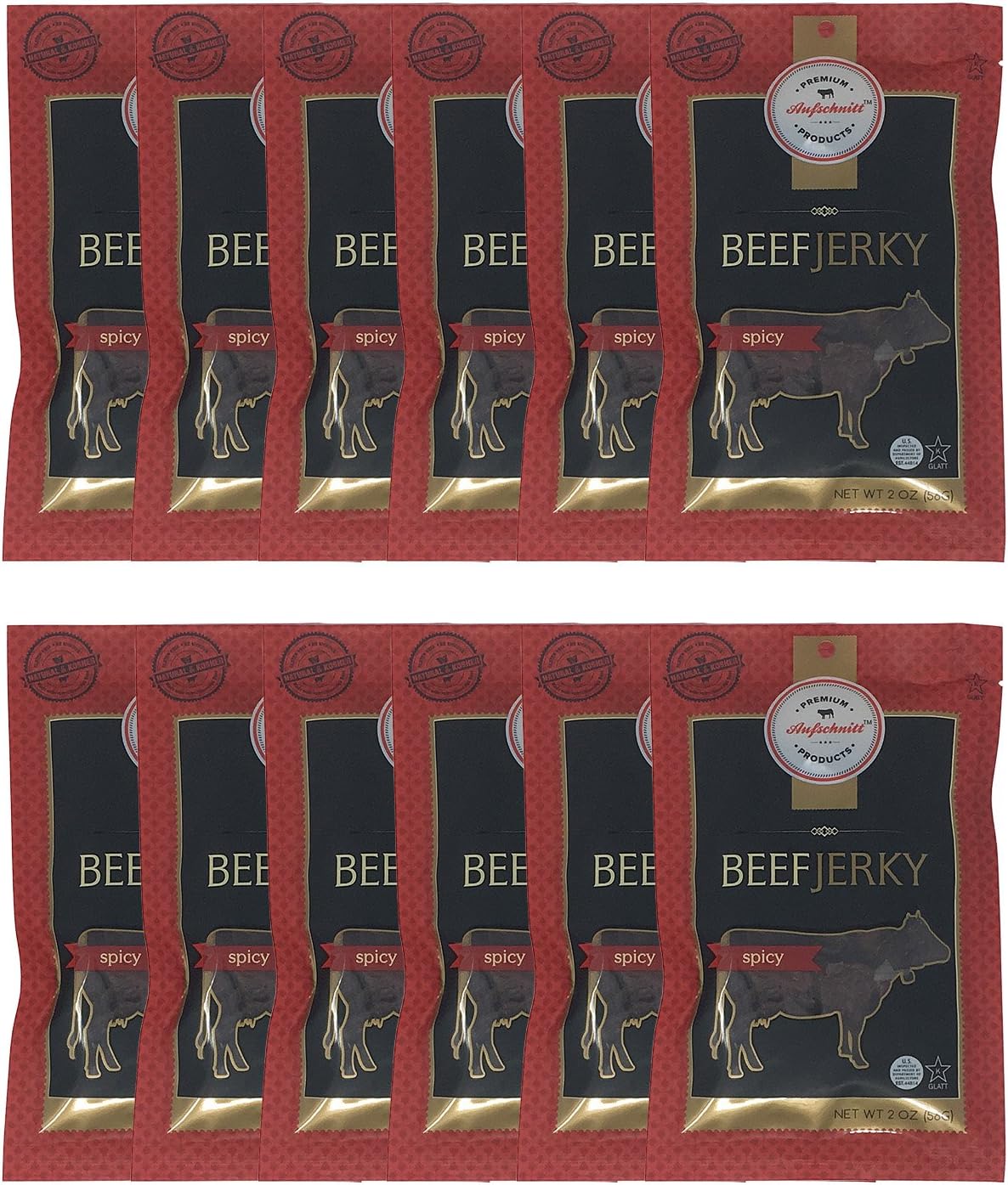 Aufschnitt Grass Fed Beef Jerky - Low Sodium, Certified Kosher - Made in USA - Keto Friendly - 12 Pack, Spicy