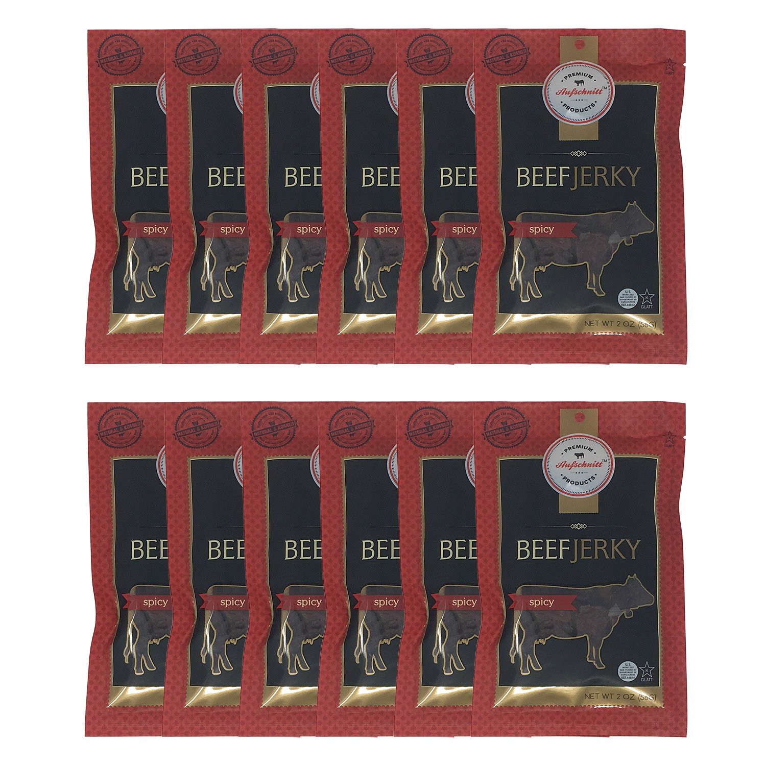Aufschnitt Grass Fed Beef Jerky - Low Sodium, Certified Kosher - Made in USA - Keto & Halal Friendly - 12 Pack, Spicy