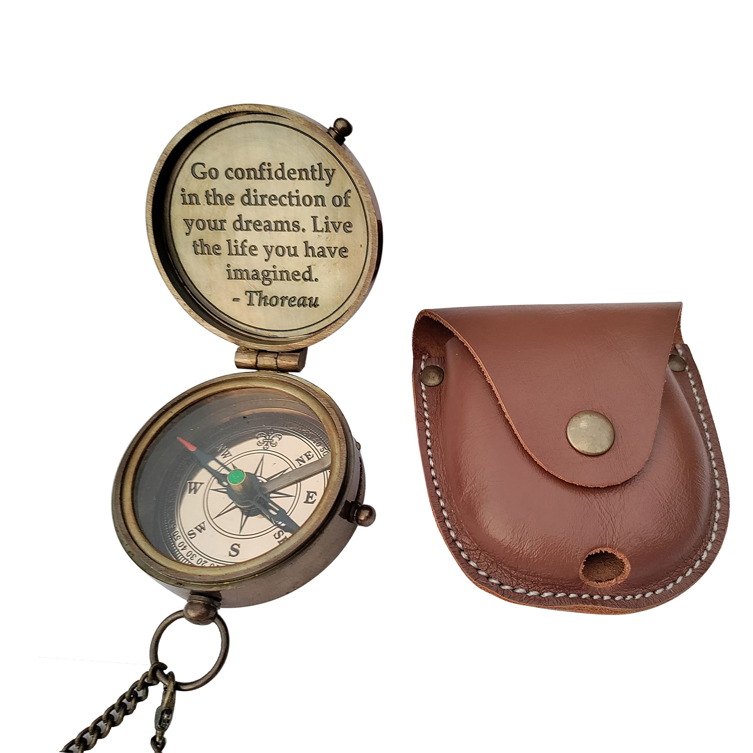 TSWO Thoreau's Go Confidently... Quote Engraved Compass with Leather Case, Antique Brass Pocket Compass for Him, Son, Husband I Gift for Graduation, Anniversary, Baptism, Retirement, or Christmas