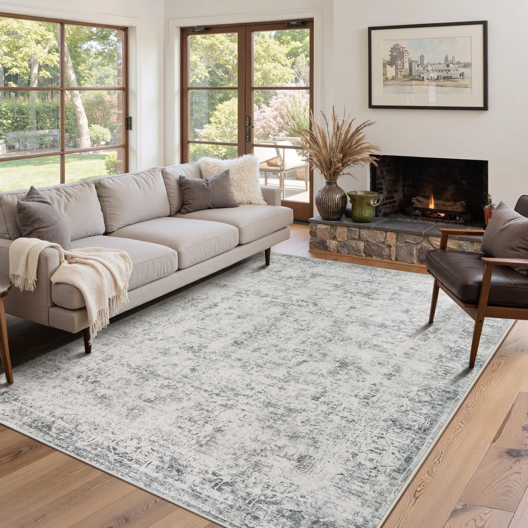 Rugxara Area Rugs for Living Room Bedroom, Washable Rug, Grey Vintage Abstract Boho Rug, Non Slip & Low Pile Wool Carpet for Indoor Dining Room,