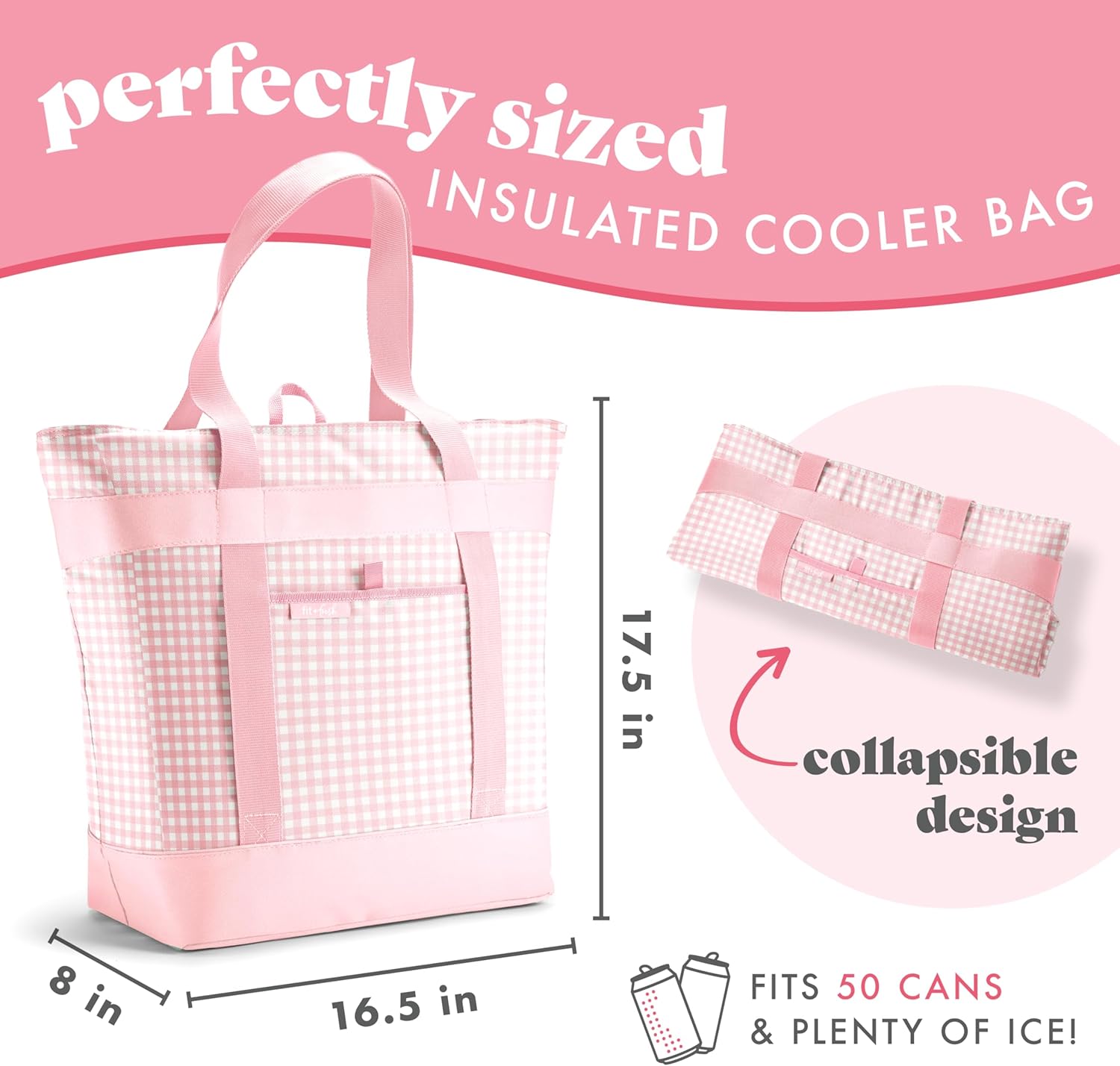 Fit & Fresh Insulated Grocery Tote Bag – Large Reusable Thermal Cooler Bag for Shopping, Food Delivery & Catering – Premium Leak Resistant Food Carrier, Foldable Soft Cooler, Pink Gingham