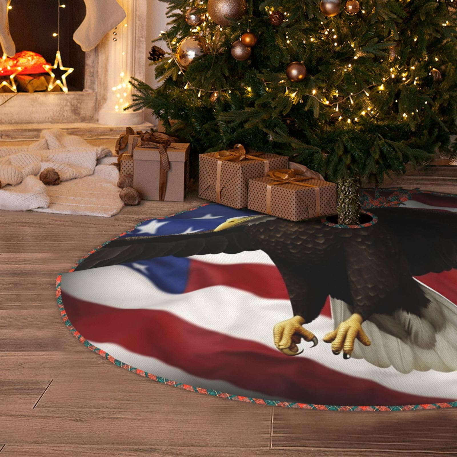American Flag Fly Eagle Christmas Tree Skirt 48" Artificial Tree Mat Cover Merry Christmas Burlap Xmas Tree Skirt for Christmas Decoration Holiday Indoor Outdoor Winter Party Decor