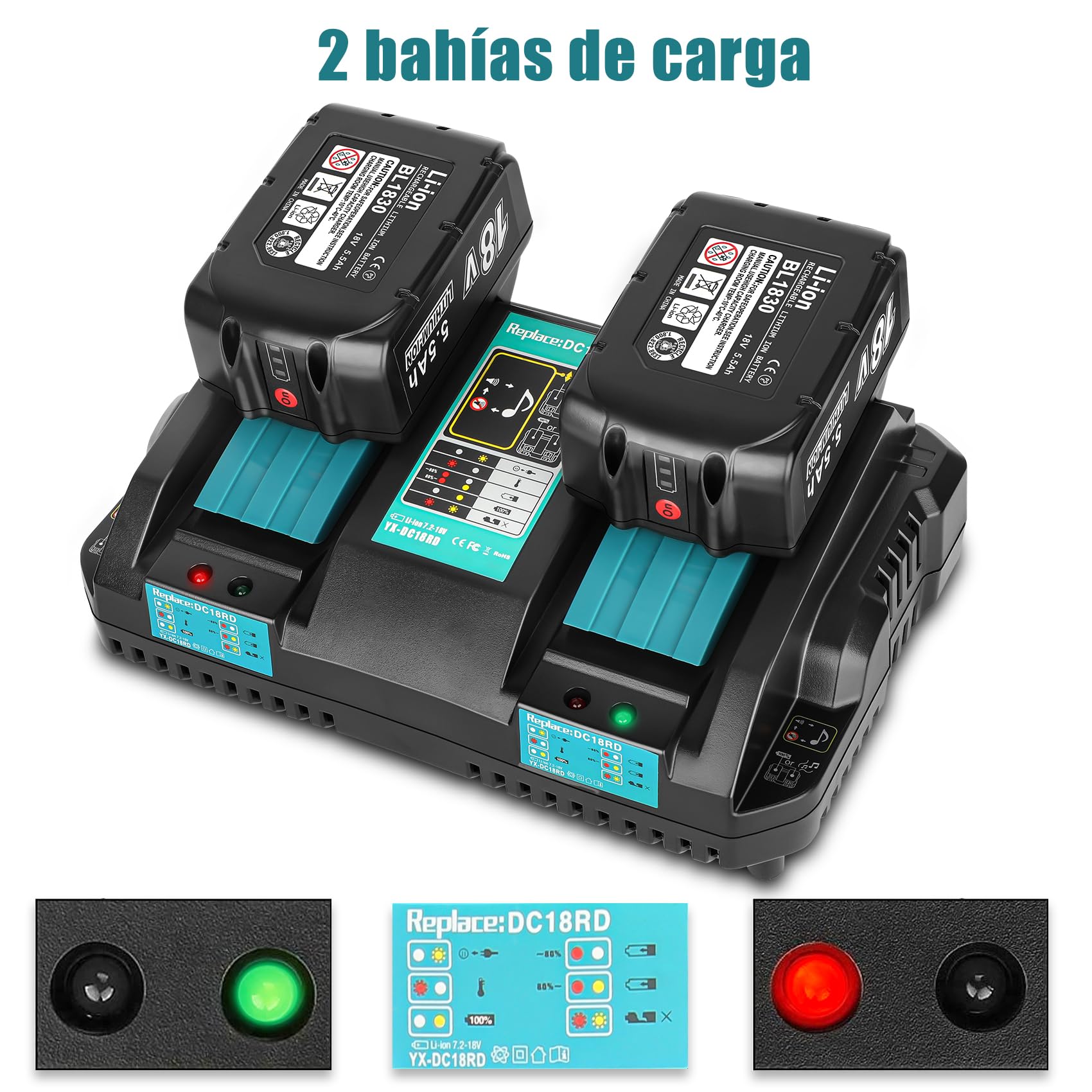 2X 5.5Ah BL1860B Batería + 4A Cargador Doble DC18RD para Makita 18V | lithium bateria para makita 18V BL1850B BL1860 Bateria conLED indicator, 4A cargador rápido para Makita 18V y 14.4V