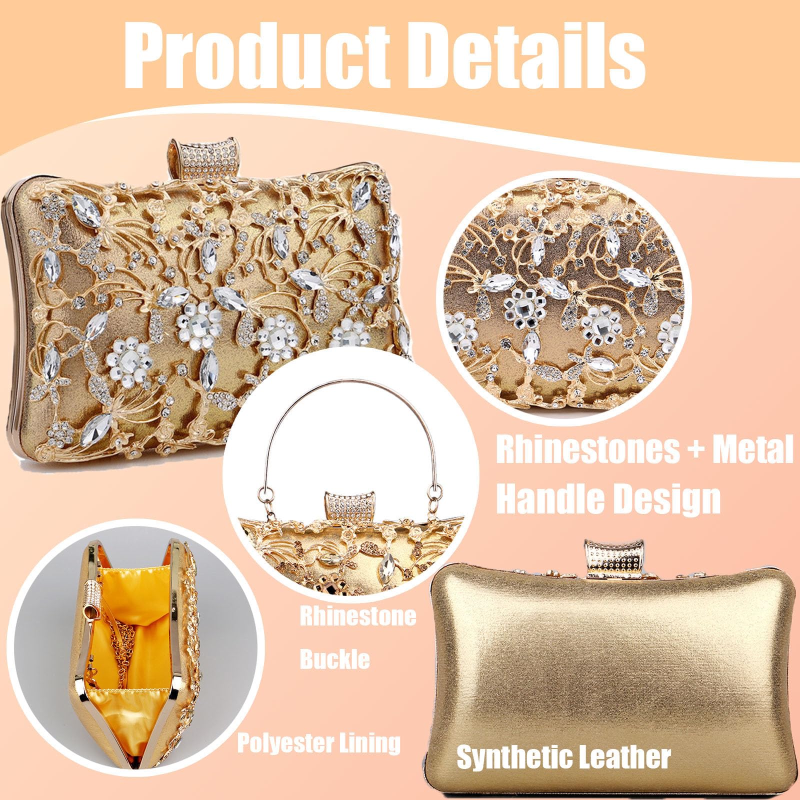Bolso de mano vintage para mujer, bolso de noche de lujo con estrás y cristal, elegante bolso de mano con asa y cadena de metal con purpurina, bolso de hombro para bodas, fiestas, bailes gala
