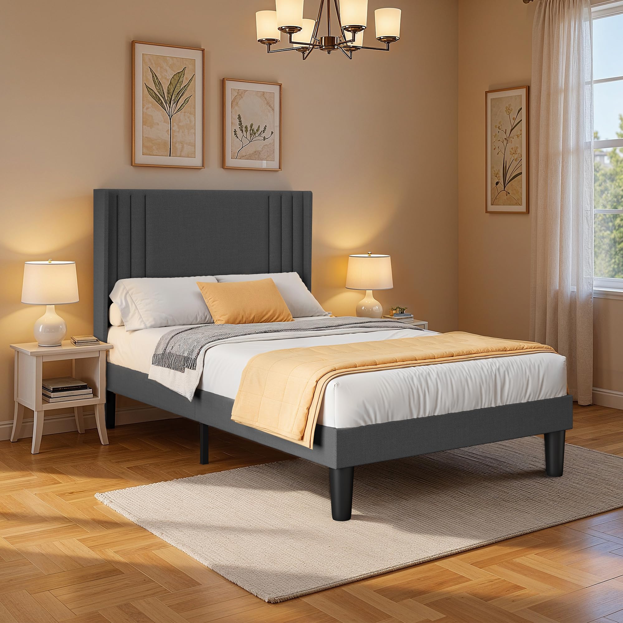 Cama Tapizada 120 x 200 cm, con Cabecero Acolchado y Somier de Lamas de Madera，Espacio bajo la Cama,Montaje Fácil,Cama para Dormitorio de Adultos o Invitados,Gris Oscuro