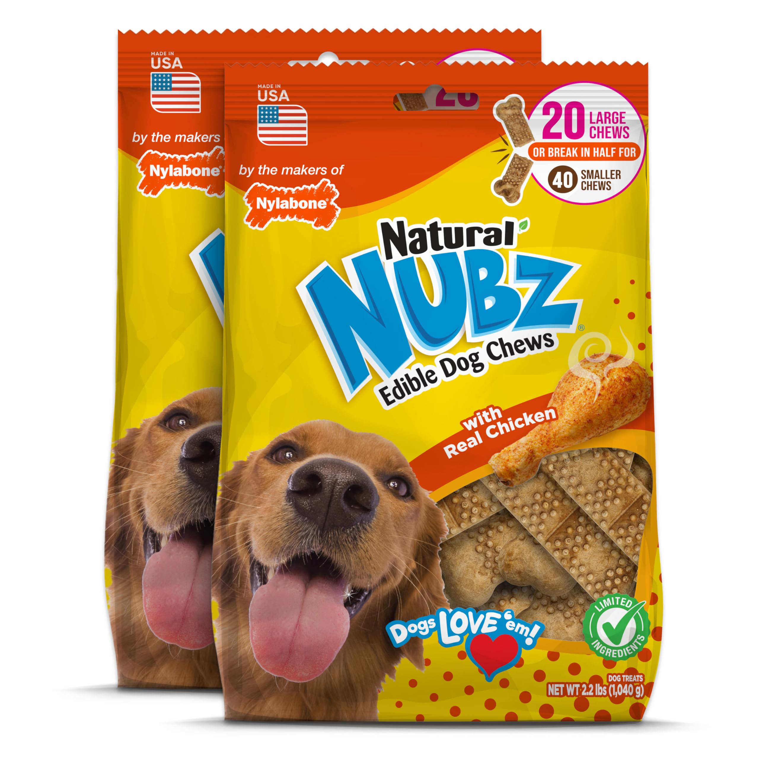 Nylabone Nubz Natural Edible Chew Treats for Dogs, Made in USA, Chicken Flavor, Large - Up to 50 lbs. (40 Count)
