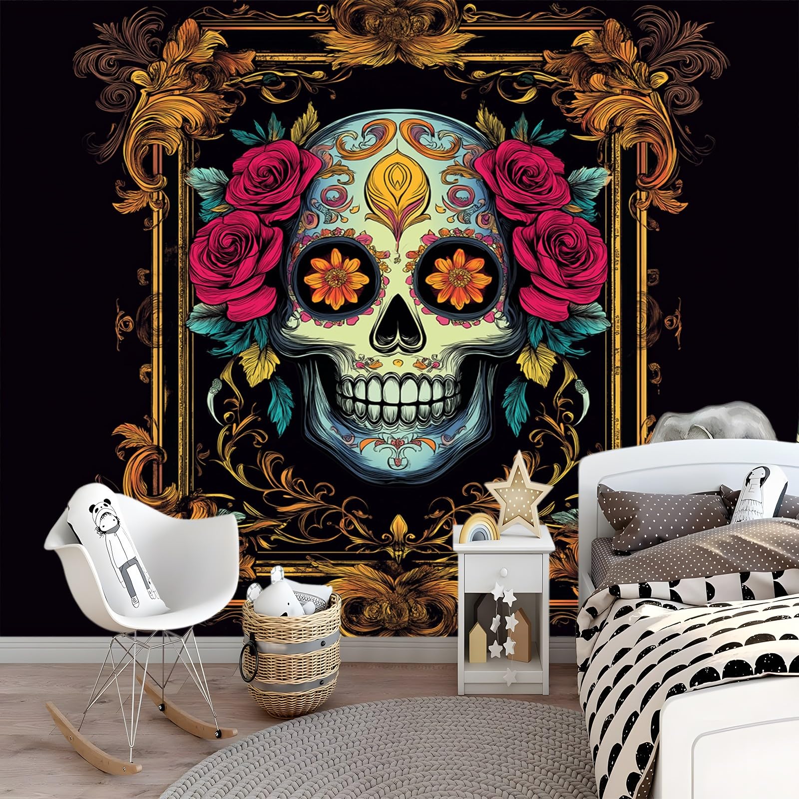 Panoramiczna tapeta kolorowa festiwal czaszka 300 x 210 cm (szer. x wys.), gigantyczny plakat ścienny 3D nowoczesna tapeta dekoracja ścienna salon sypialnia sypialnia biuro sypialnia tapety