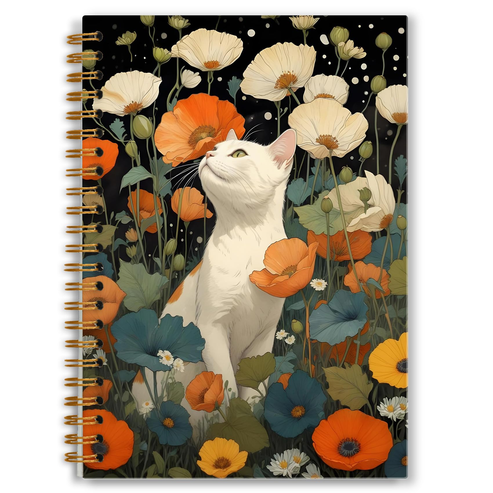 Cuaderno floral vintage de gatos, colorido diario botánico de gatos blancos de flores silvestres para escribir, regalos para amantes de las madres, regalos para mujeres, cuaderno en espiral de