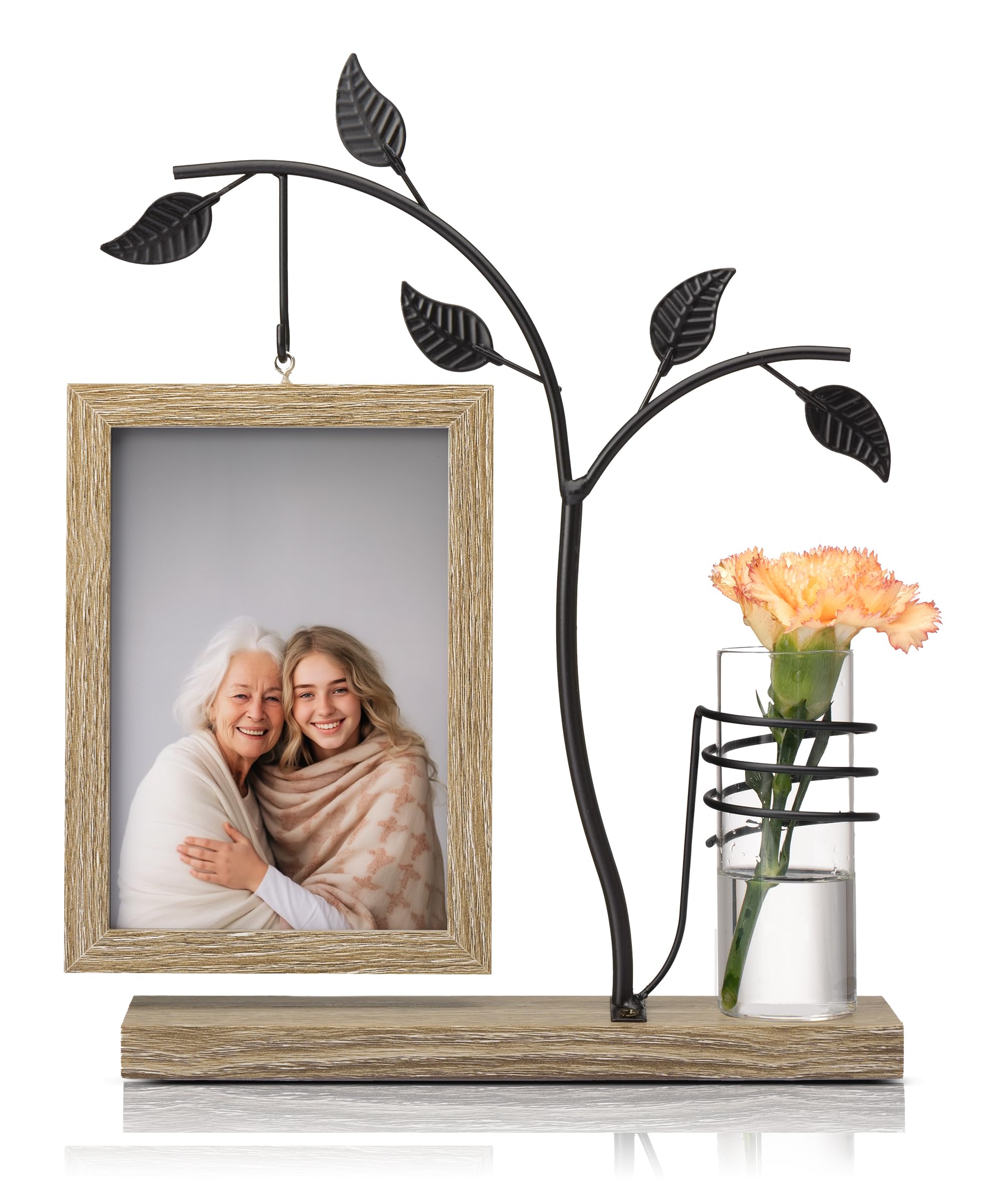 Afuly 4x6 Picture Frame Potted Plants Desk Photo Frames with Metal Stand Glass Vase, Rustic Double Sides Display Wood Frame Wedding Birthday Gifts for