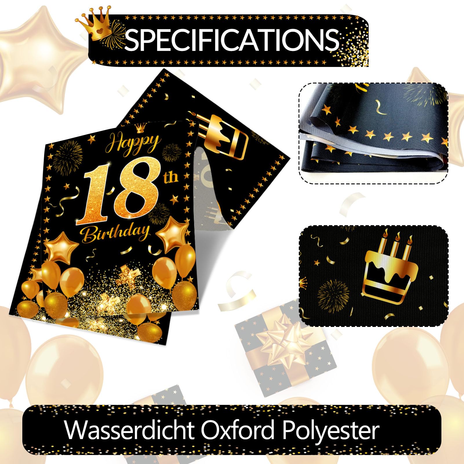 YILANJIN Chemin de table pour 18e anniversaire, noir et argent, Happy Birthday, 180 x 35 cm