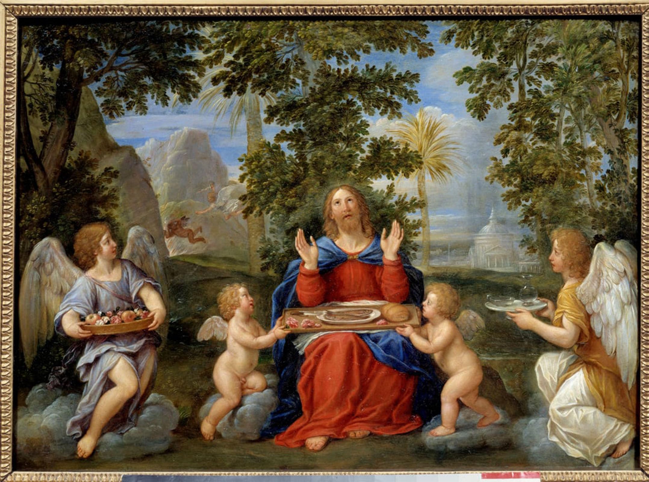 POSTERIIk Vintage Classic Picture Landscape Artwork Christ Served by Francesco Albani Portrait Canvas Painting for Office Home Decor 60x90cm