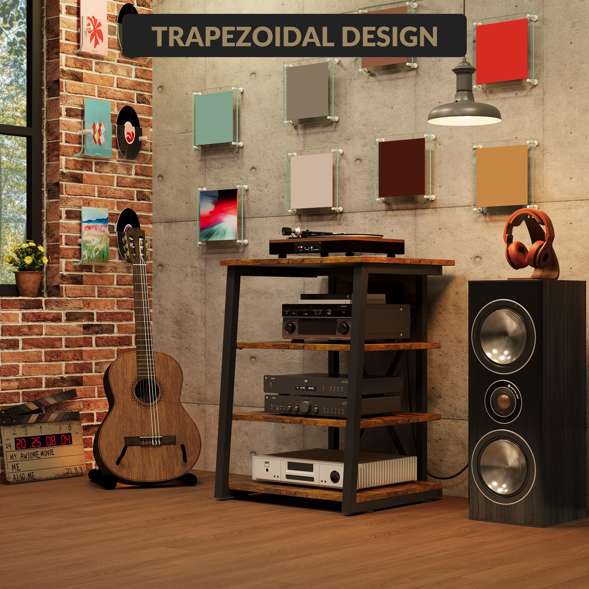 Garvee Estantería Audiovisual Esquinera 4 Niveles Marrón Rústico, Mueble Tocadiscos con Carga USB, Estantes Ajustables y Estructura Metálica En X para Salón y Multimedia 60×48×77 cm