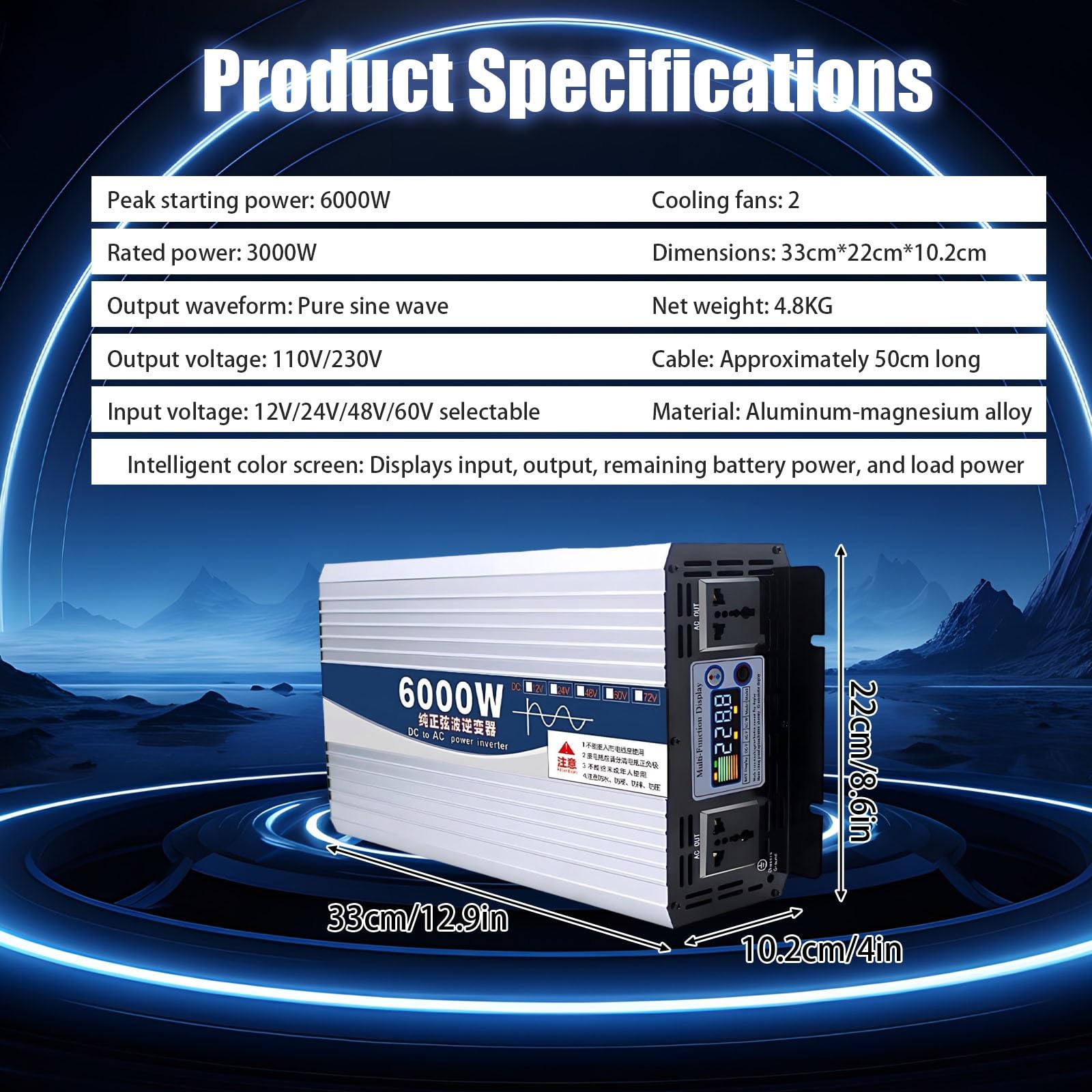Inwerter do awaryjnego zasilania 5000W/6000W/8000W, Inwerter z wentylatorami chłodzącymi 12V/24V/48V/60V, optymalna temperatura i wydajność w nagłych przypadkach(6000W,48V to 110V)