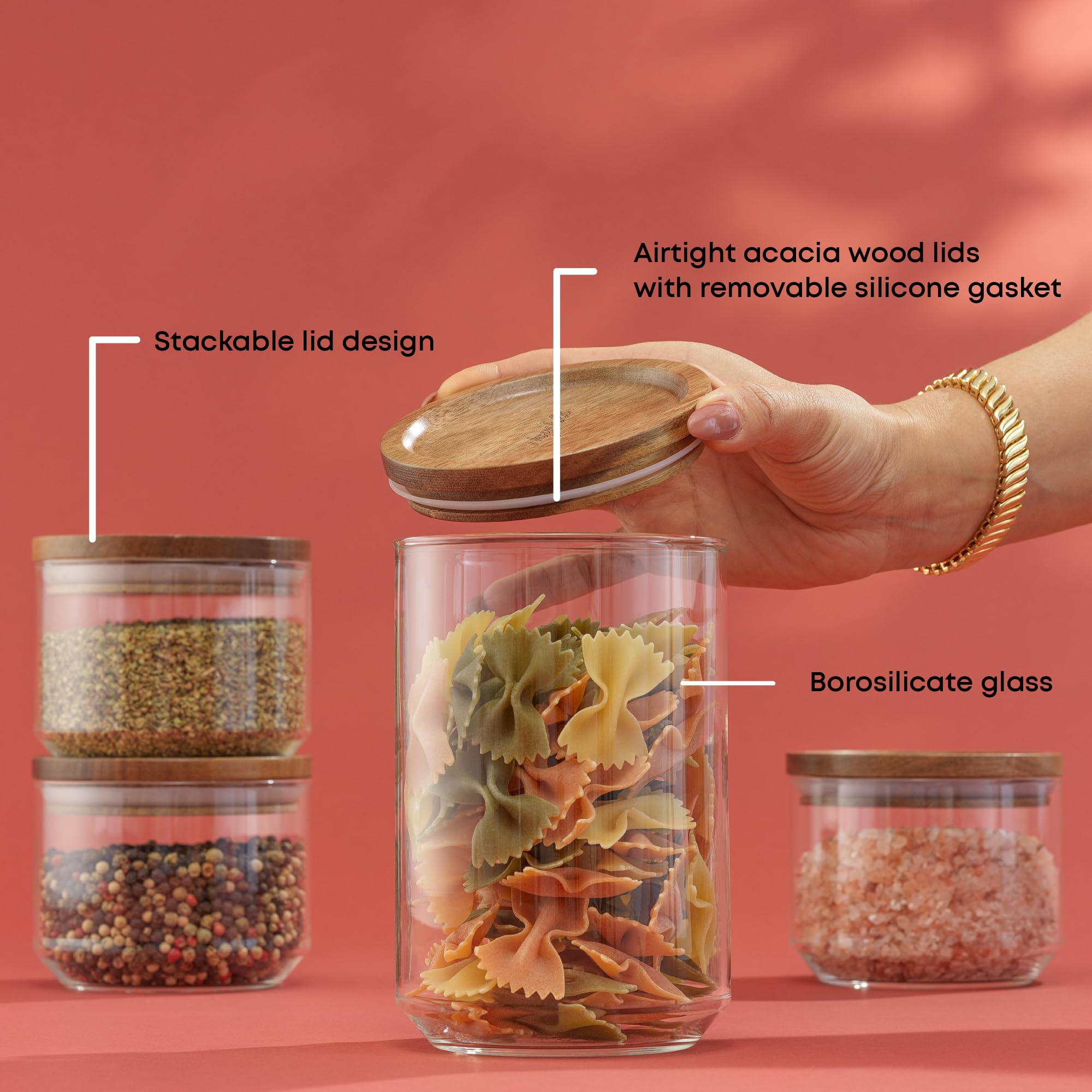 JoyJolt Holden - Set di 7 contenitori impilabili in vetro con coperchio, ermetici per alimenti, con coperchi in legno di acacia, contenitori rotondi impilabili e contenitori da cucina per pasta