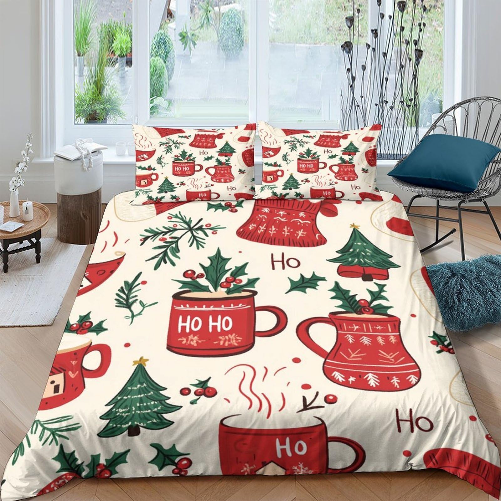 XFKLYNVCJ 3D Printed Christmas mugs Duvet Cover Brushed Microfiber hand drawn festive Bedding Cover Hypoallergenic Lightweight for College Dorm Teenagers Student Home Use Single（140x200cm）