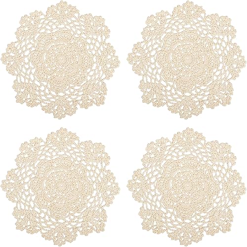 Miniatura 3 de kilofly Juego de manteles individuales de encaje de algodón de ganchillo, 4 unidades, beige, floral, 7 pulgadas