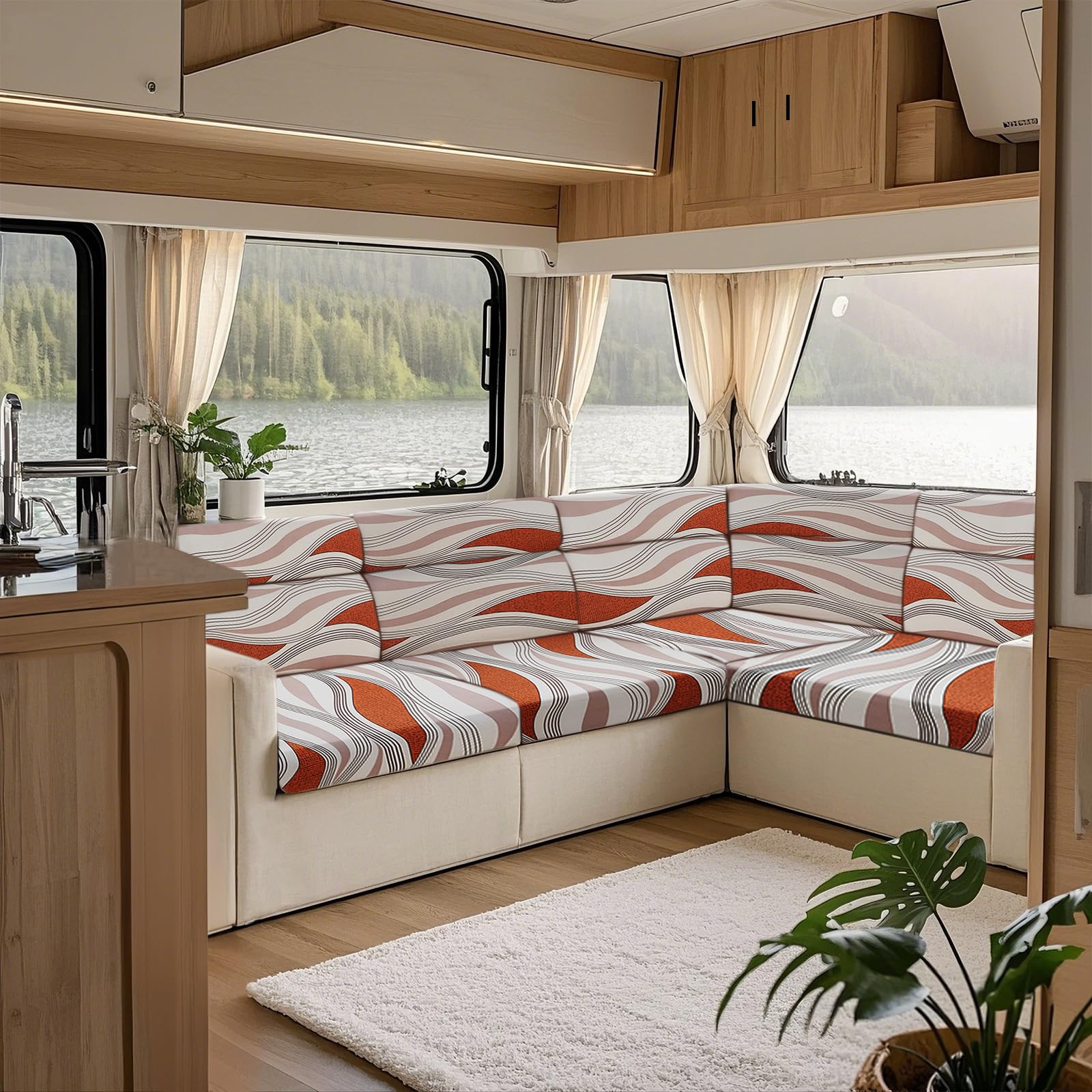 KYJSW Printed Sofa Seat Cushion Cover, Stretch Non Slip RV Dinette Cushion Covers With 2 Straps, For Couch/Caravan/Camper/Car/Bench (White-Orange,W 50-63cm, D 50-65cm)