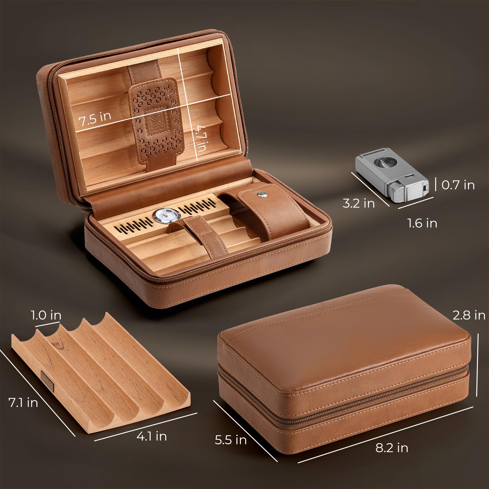 GLENCREAG Cave à cigares de voyage portable, étui à cigares en cuir de cèdre avec coupe-cigares V et briquet, hygromètre et humidificateur intégrés, sac de rangement en velours inclus