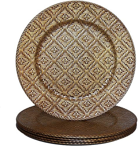 Spsyrine Platos de carga de ratán sintético, color dorado antiguo, juego de 6 elegantes cargadores redondos de plástico para cena, decorativos para