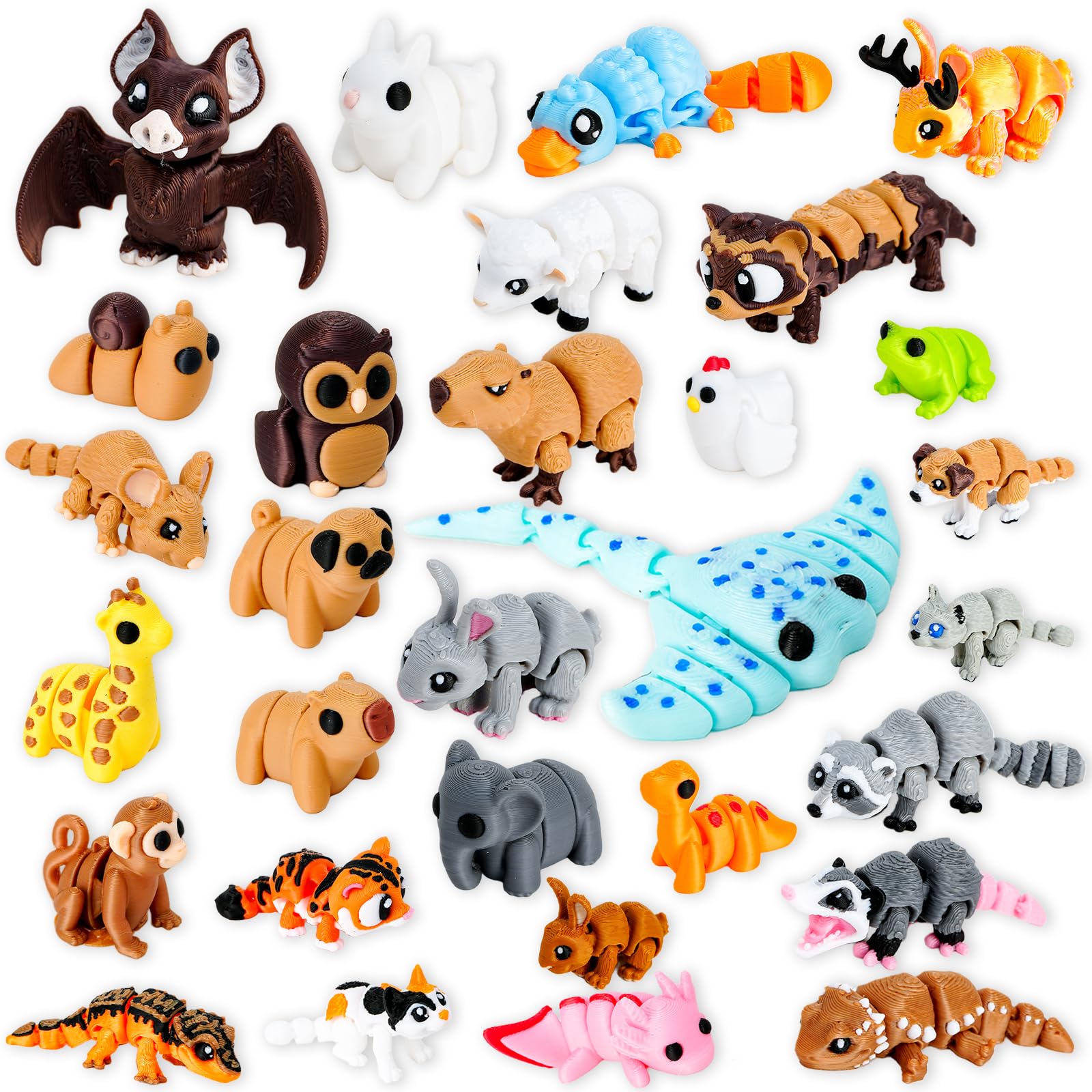RumonZS 30 Pack Mini 3D Printed Animal Statues Figurines Set Movable Joints Surprise 3D Printed Animals Cute Desk Decor Party Favors for Adults Home Office Desk Decoration Display