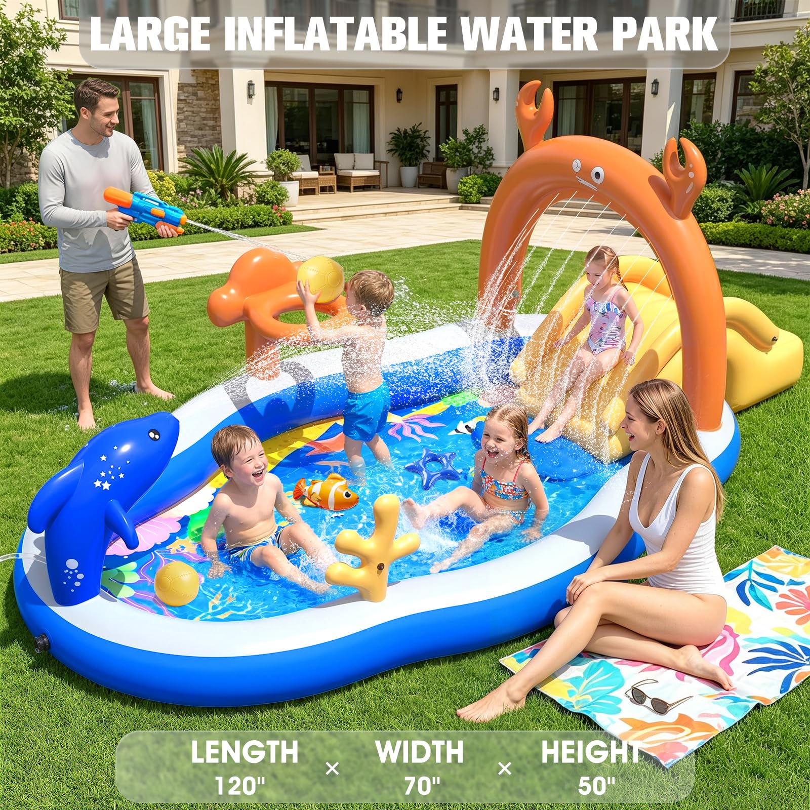 2026 großes aufblasbares Spielzentrum, Kleinkind-Pool mit Wasserrutsche und Sprinkler, 308 x 178 x 127 cm, aufblasbarer Kinderpool mit Rutsche, Hinterhof-Kinder-Wasserrutsche, aufblasbares