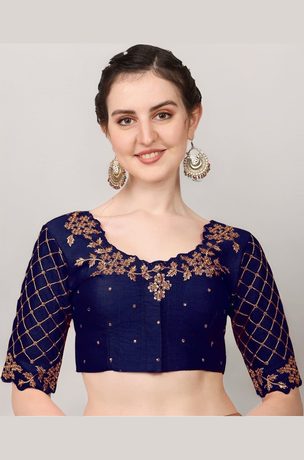 Pujia Mills women's embroidery handwork, rough cut work stone work readymade blouse