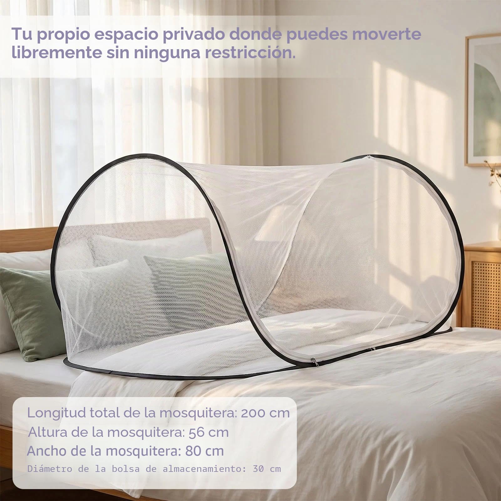 Mosquitera de viaje, mosquitera de cama de viaje 200 x 80 x 56 cm mosquitera plegable para cama individual con cremallera en la base, plegable sin necesidad de montaje ideal para residencias d