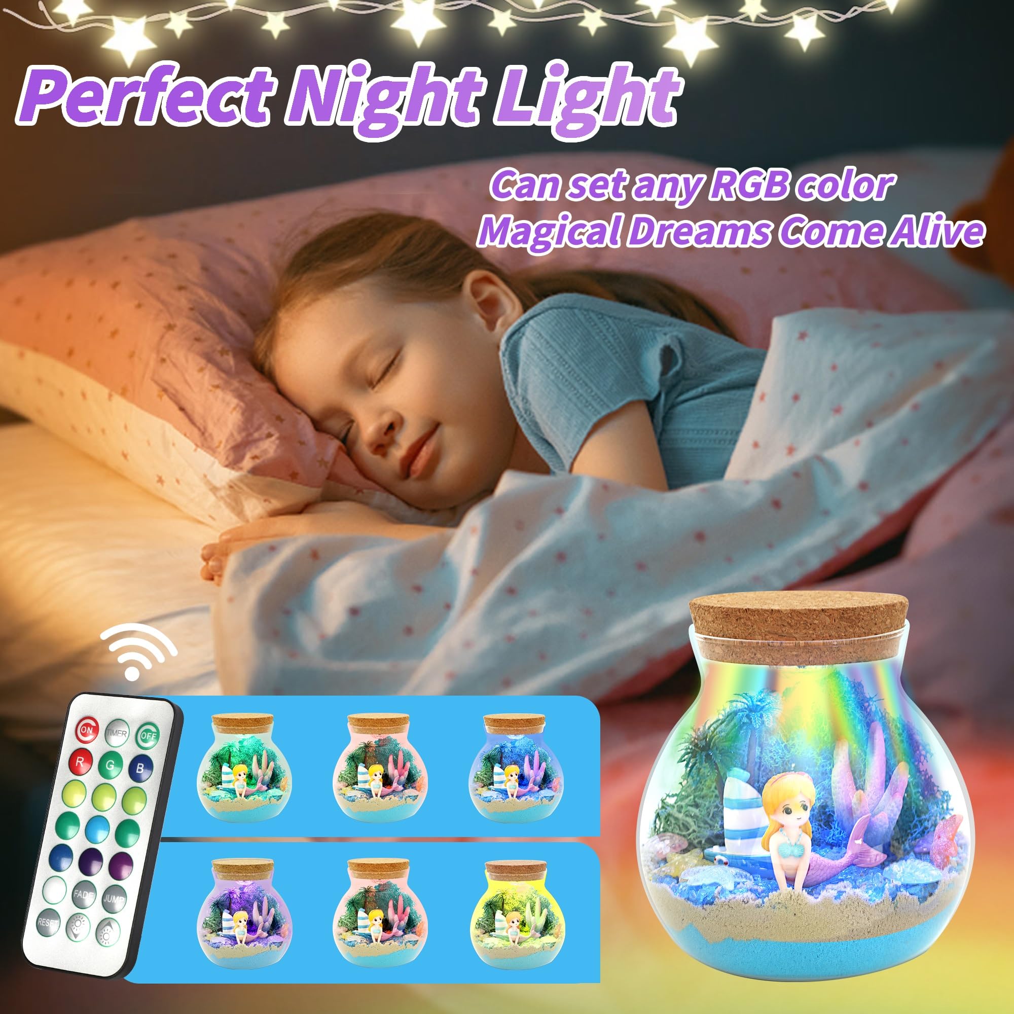 Kit artigianale per terrario a forma di sirena, per ragazze, crea la tua luce notturna a forma di unicorno con telecomando a LED con 16 modalità, regalo di compleanno per ragazze dai 5 ai 6 ai 7 agli