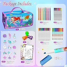 weirtoya 56 PCS Washable Scented Markers Set with Glitter Pencil Case, Mermaid Unicorn Arts and Crafts for kids 4-6-8 Kids Coloring Drawing Kits for 4-8 Years Old Girls Birthday Gifts (Mermaid, 56)