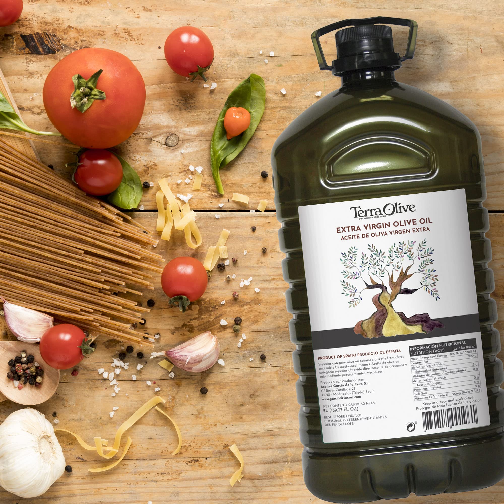TERRAOLIVE - Huile d'olive vierge extra, Huile de cuisson, Variété d'olive, Corps doux, Provenance Espagne, Montes de Toledo, Récipient PET recyclé - 5L