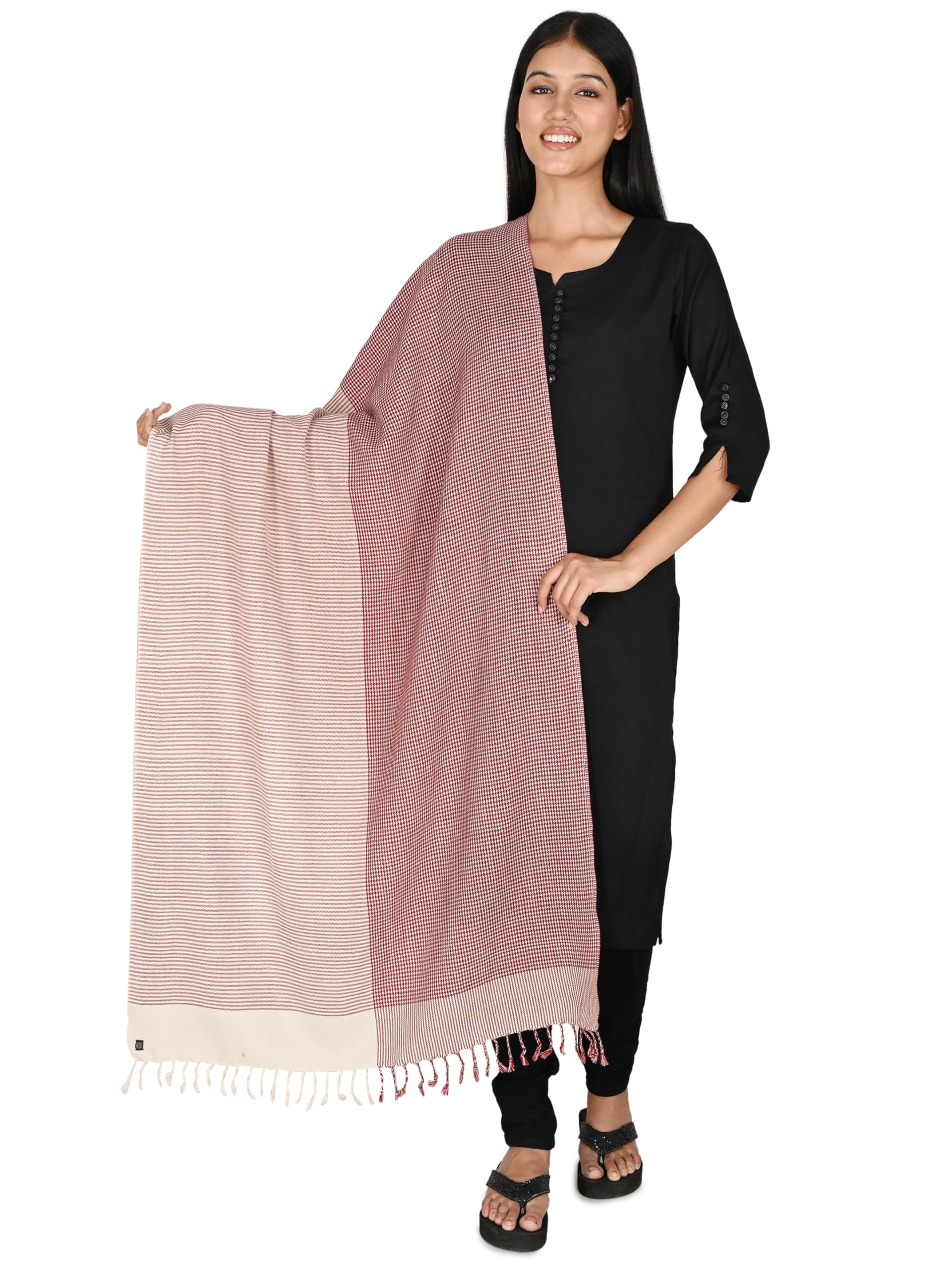 Merino Stole for Unisex | Maroon and White Mix Pattern | Soft Warm Lightweight Wool Wrap | 70x210 cm Stylish Comfortable Fashion Accessory for All Seasons-image-22