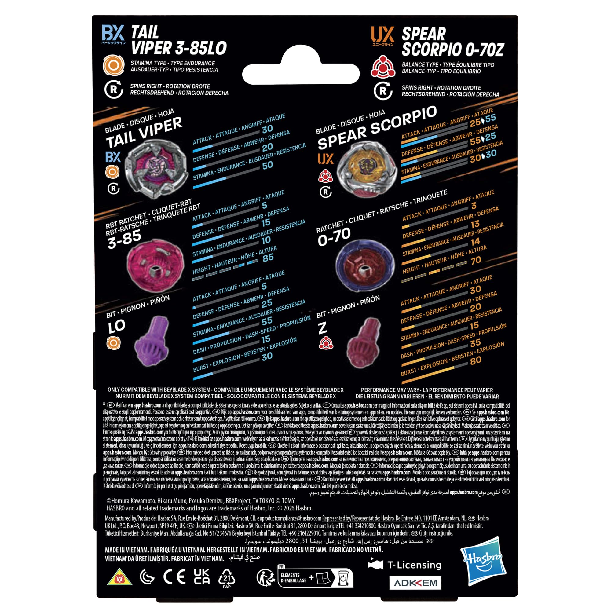 Beyblade X, Spear Scorpio 0-70Z UX y Tail Viper 3-85LO Bx, Pack Doble Takara Tomy con 2 Tops de rotación Derecha, Juego de Tops de Batalla, A Partir de 8 años