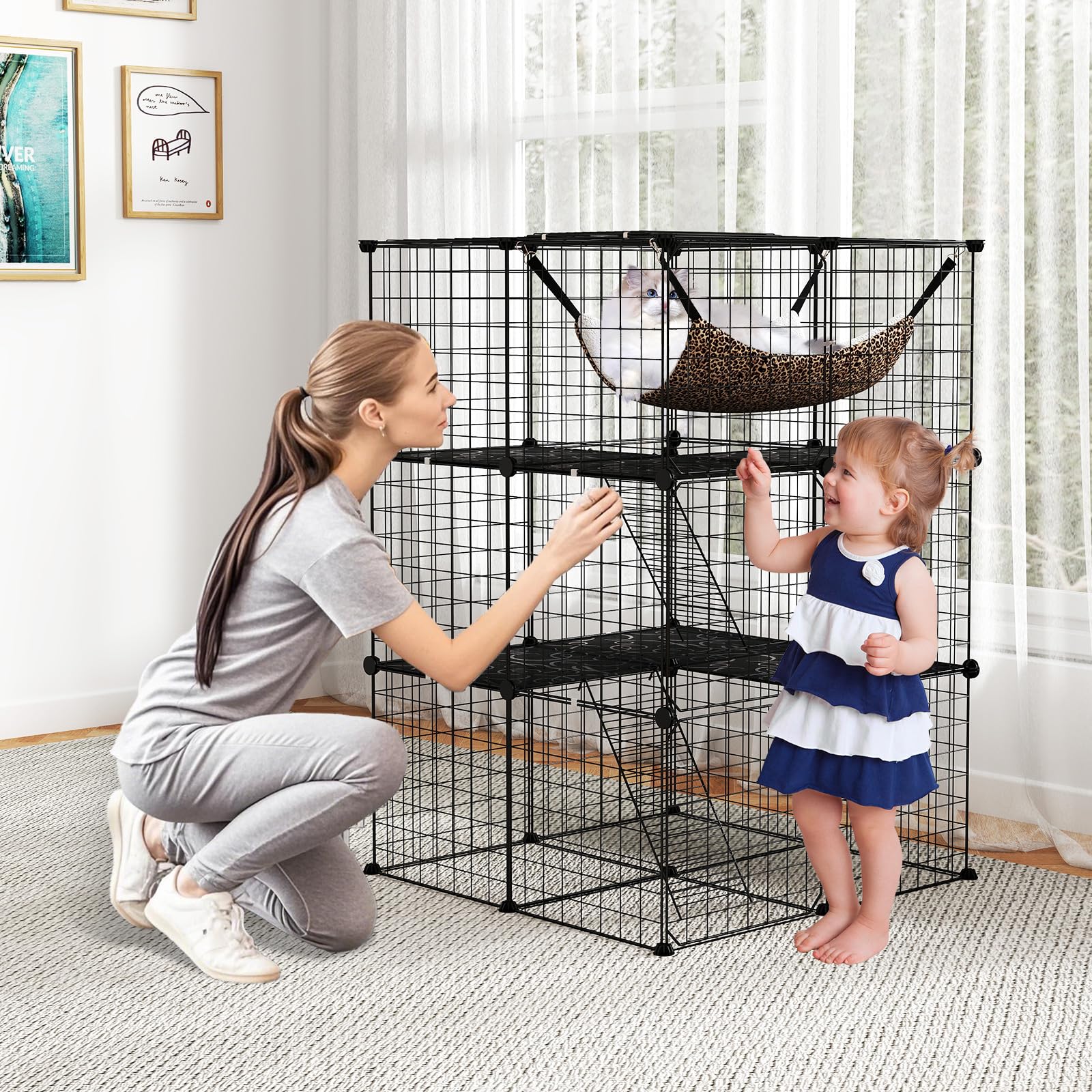 COSTWAY Jaula Grande de 3/4 Niveles para Gatos Con Hamaca, 3 Escaleras, 4 Puertas y Ventana en el Techo, Estructura Metálica de Interior (74 x 74 x 107 cm)