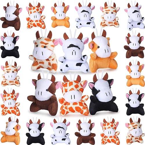 Aoriher 24 piezas de juguetes de peluche de vaca miniatura de 3.15 pulgadas a granel para niños, vaca de granja Kawaii con cadena desmontable para