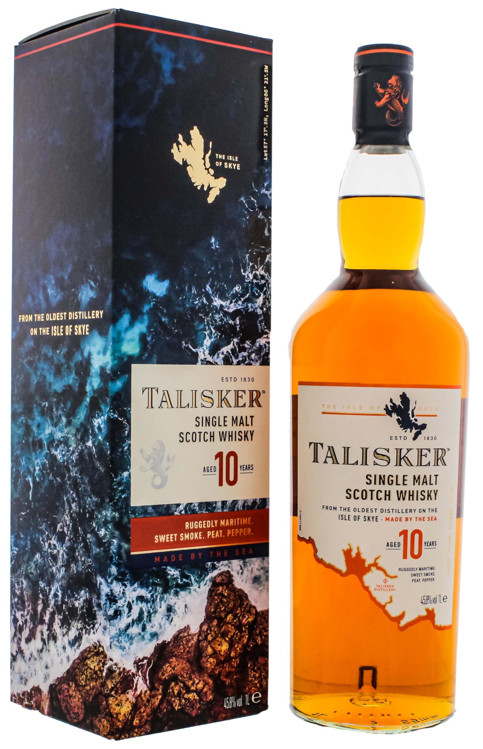 Talisker Talisker 10 Jahre Single Malt Scotch Whisky – In traditioneller Geschenkbox – 1 x 1L Single Malt Whisky (1 x 1 l)