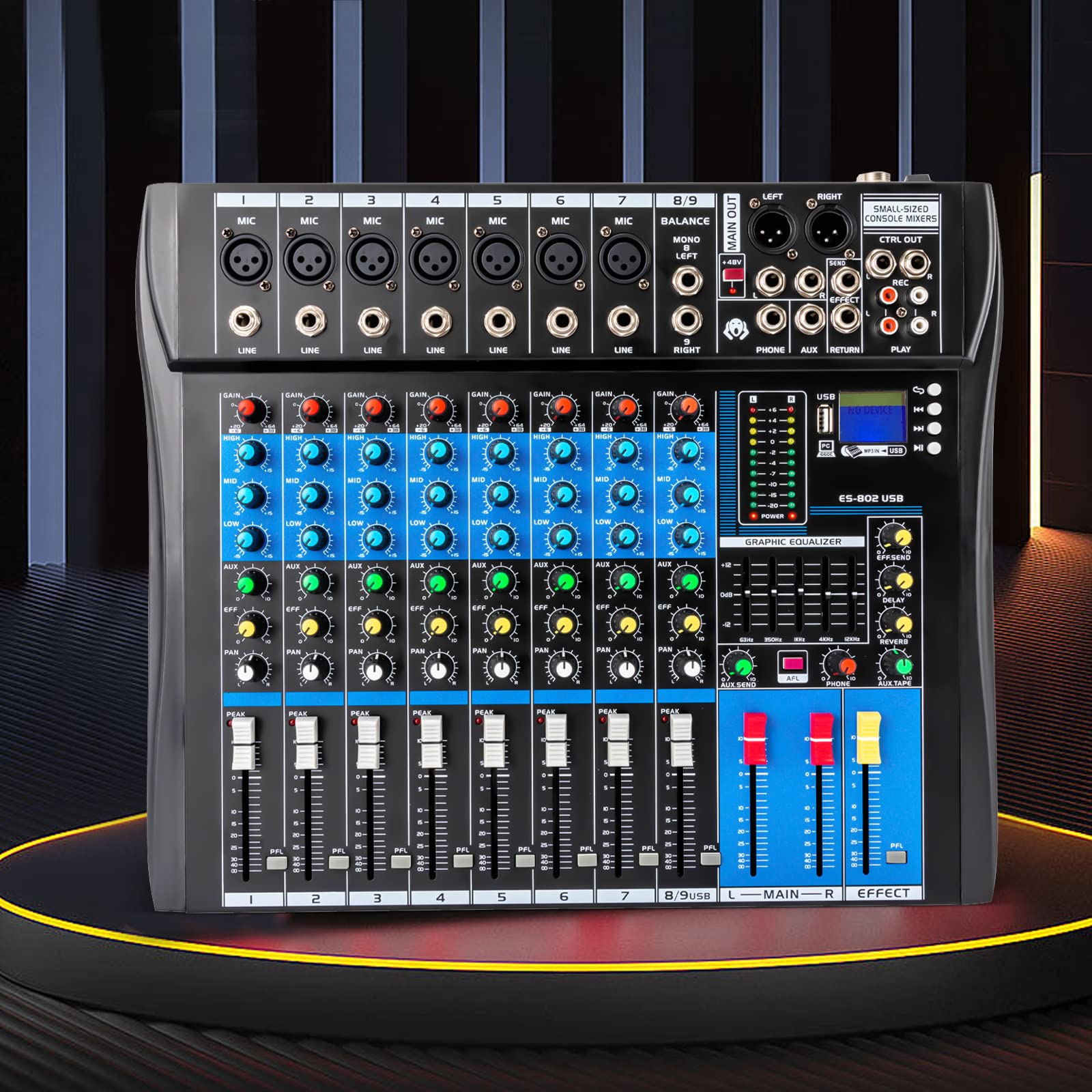 DJ - Mixer digitale Bluetooth con amplificatore, mixer audio multicanale, 8 canali, 5 bande, 4 effetti hall, per home TV, conferenze, palcoscenico