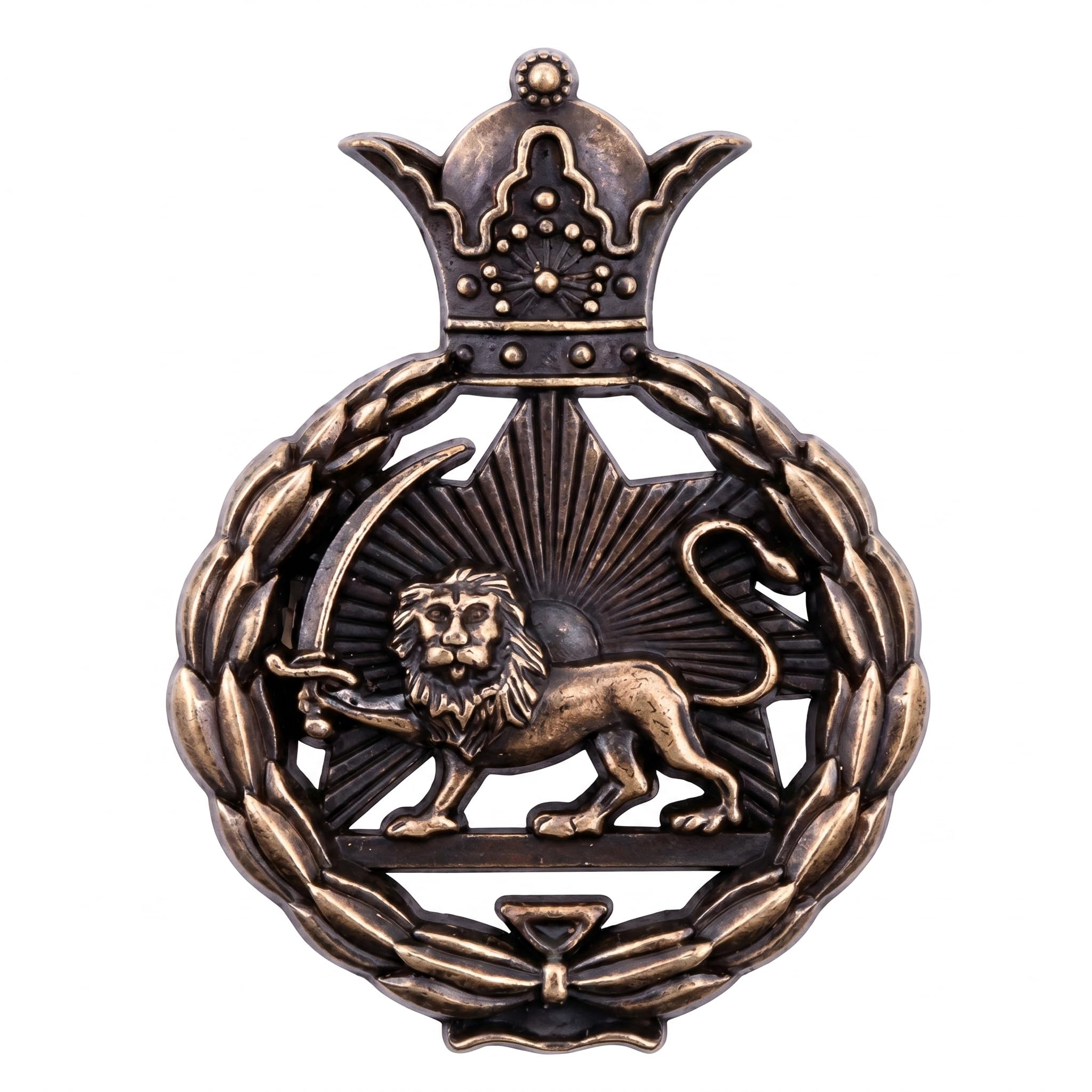 FREECROWS Imperial Persian Lion & Sun Insignia – Historic Royal Dynasty Emblem – Antique Bronze-Toned Commemorative Achievement Award with Laurel Wreath