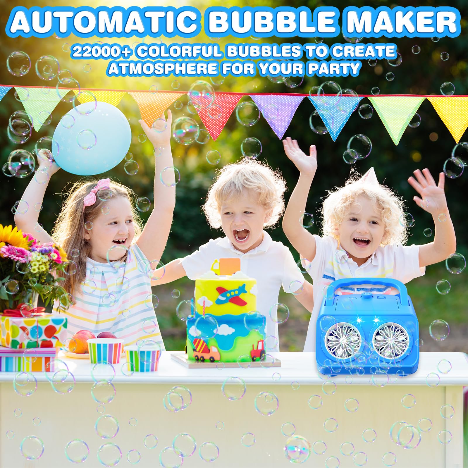 Maquina Burbujas, Más de 22.000 Burbujas por Minuto, Bubble Machine Automatico, Portátil Maquina de Burbujas para Niños Juguetes Regalos para Cumpleaños Fiestas Boda Exteriores (Azul)