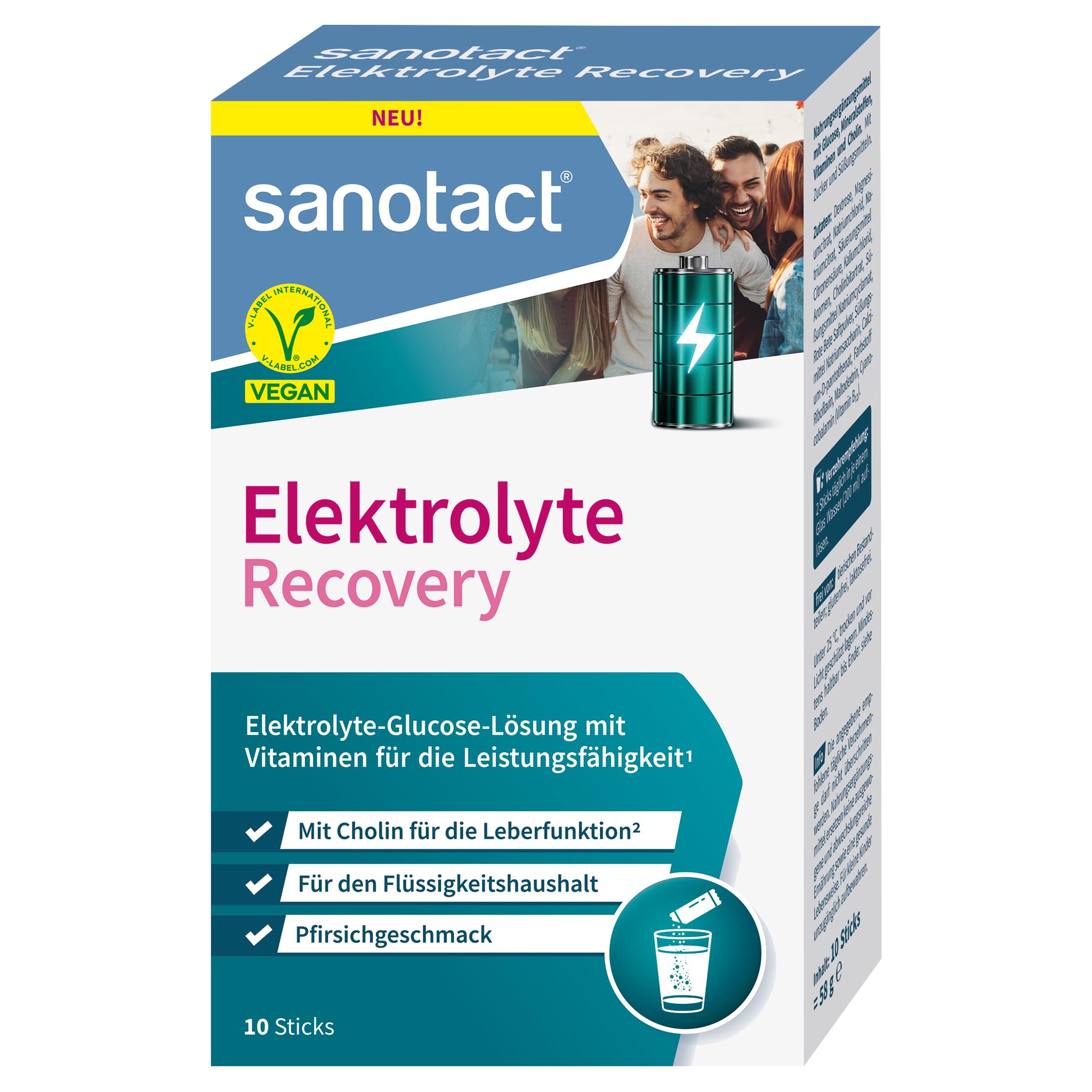 sanotact® Elektrolyte Recovery – Elektrolyt Pulver mit Cholin & Vitaminen – Hydration & Energie für Party, Sport & Festivals – Vegan, Pfirsichgeschmack – 10 Sticks