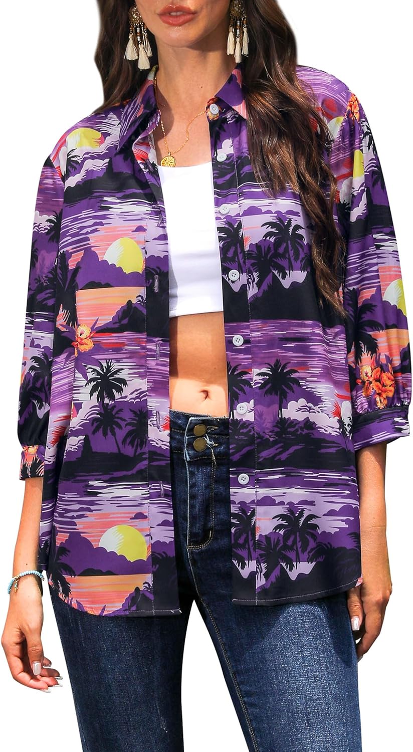 Womens 3/4 Sleeve Hawaiian Shirts Button Down Floral Printed Casual Holiday T-Shirt V Neck Collar Trendy Boho Blouses Tops - Image 3
