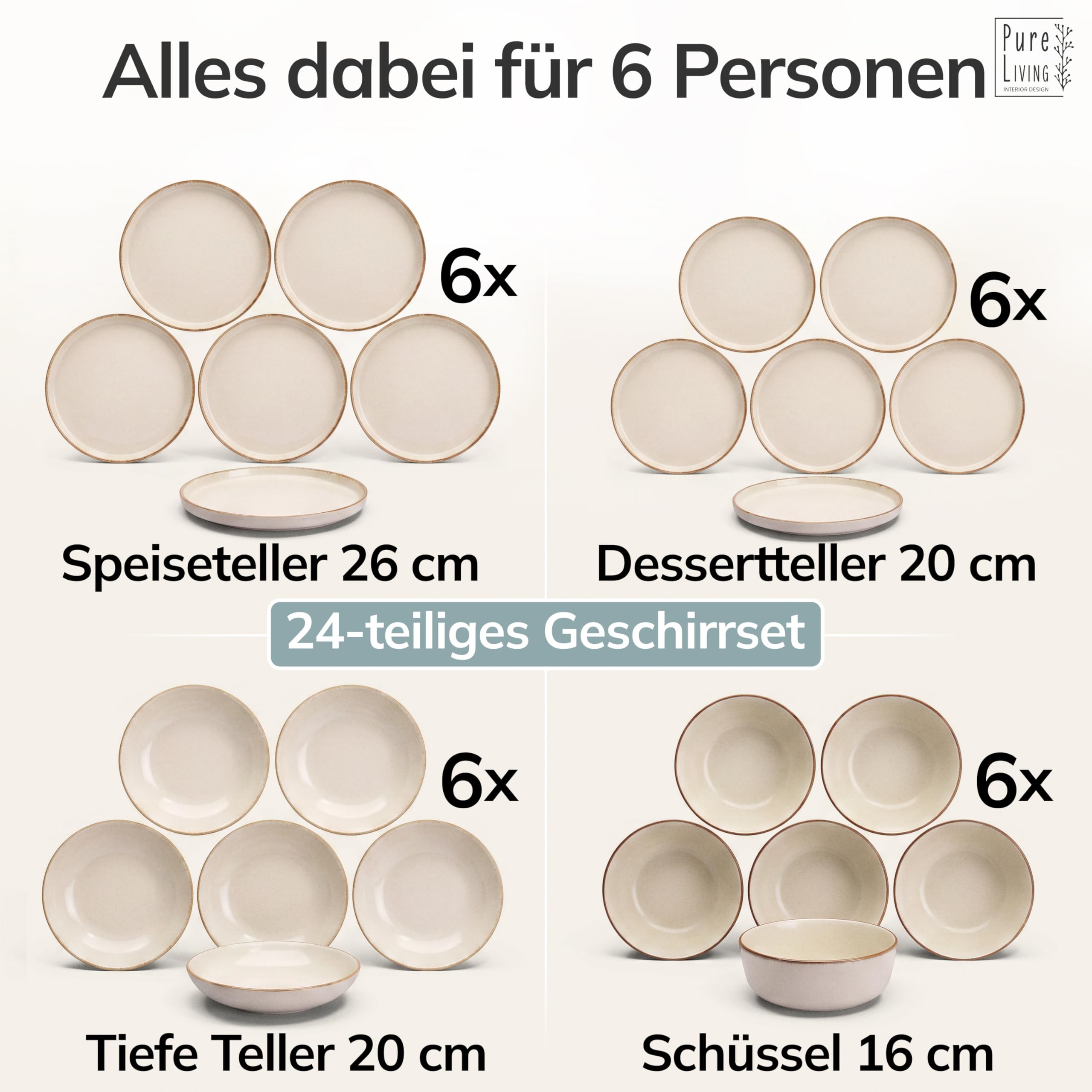 Steingut Geschirrset 6 Personen Rustic 24 tlg. TESTSIEGER, Tafelservice Beige