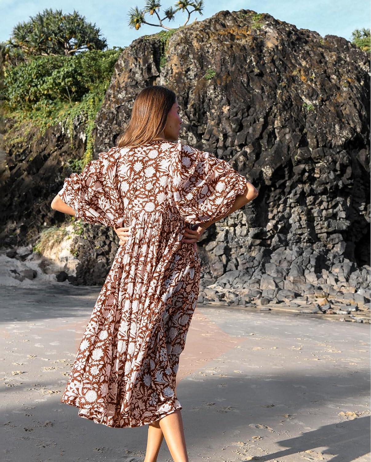 Casual Summer Dresses for Women Swing Floral Half Open Collar Boho Puff Sleeve Loose Midi Beach Dress - Image 6