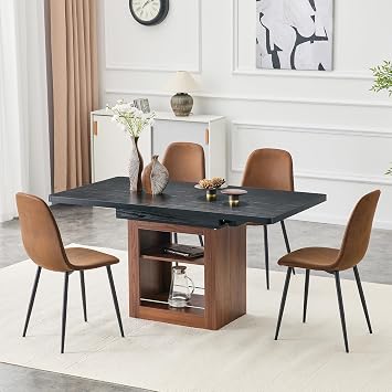Extendable Dining Table Set for 4, 59"-71" Rectangular Wood Table with Storage Pedestal and 6 Brown Suede Chairs, Mid-Century Modern Kitchen Furniture for Apartment