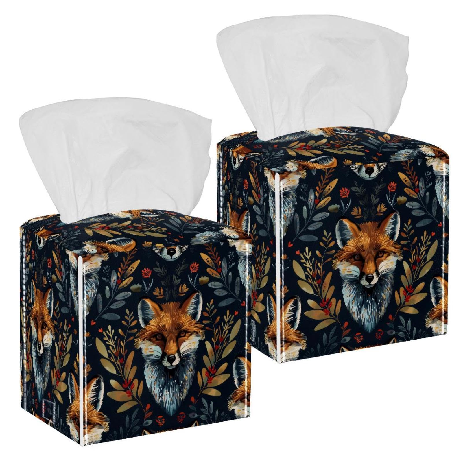 Fox Tissue Box Cover, 2 Pack PU Leather Square Facial Tissue Dispenser Box holder for Home Office Car