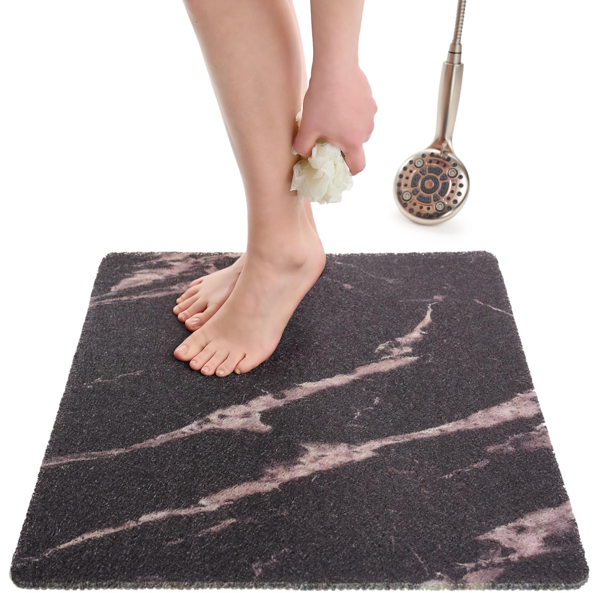 Enkosi Loofah Shower Mat Non Slip – Square Anti Slip Bath Mat for Inside Showers, Bathtub, Tub, Bathroom - Cushioned, Quick Dry PVC with Drain Holes - Secure Grip Safety Pad (Marble Black 24x24)