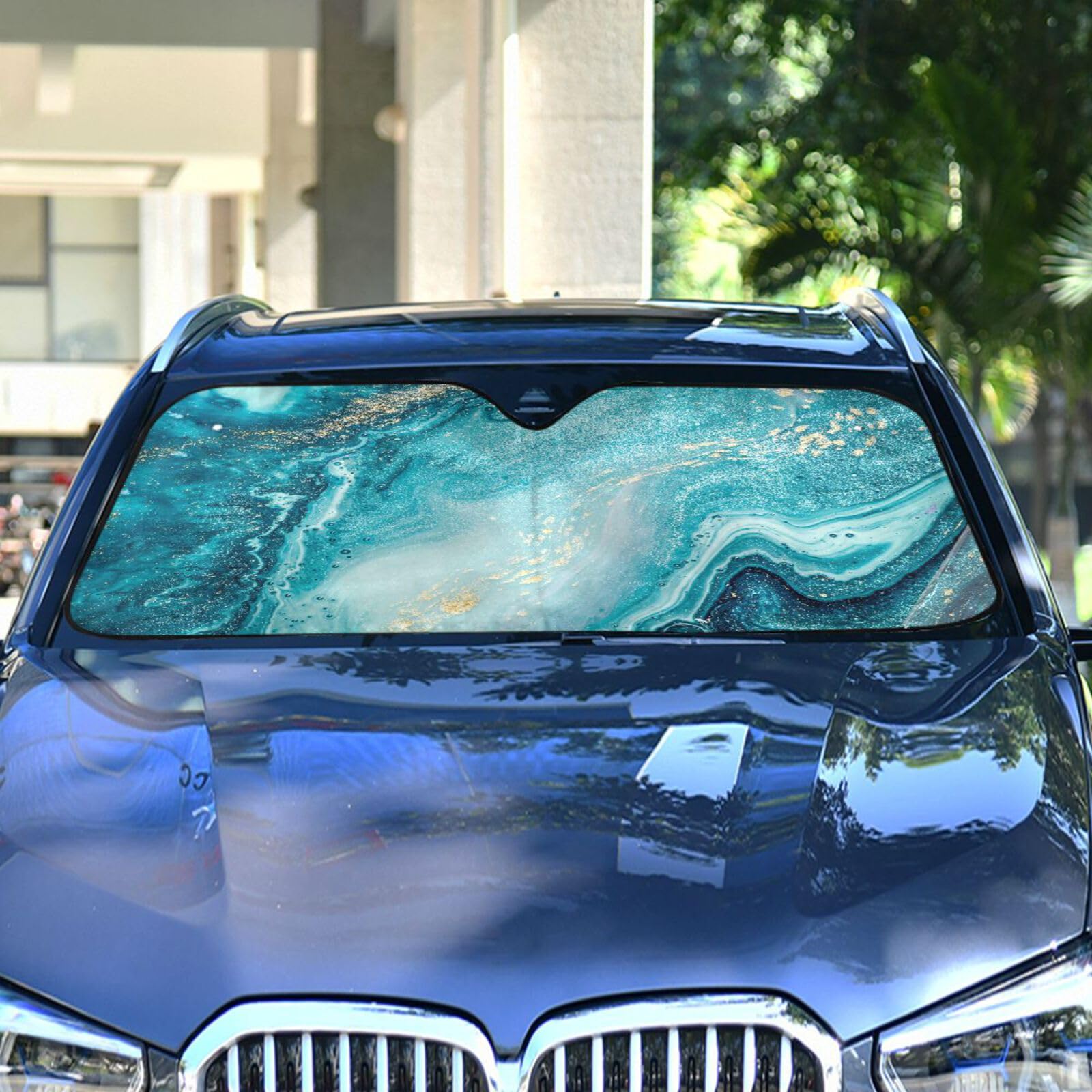 Boccsty Ocean Blue Marble Windshield Sun Shade for Car Truck SUV Gold Glitter Car window shades Car sun shade Auto Car Sun Visor for Men Woman M