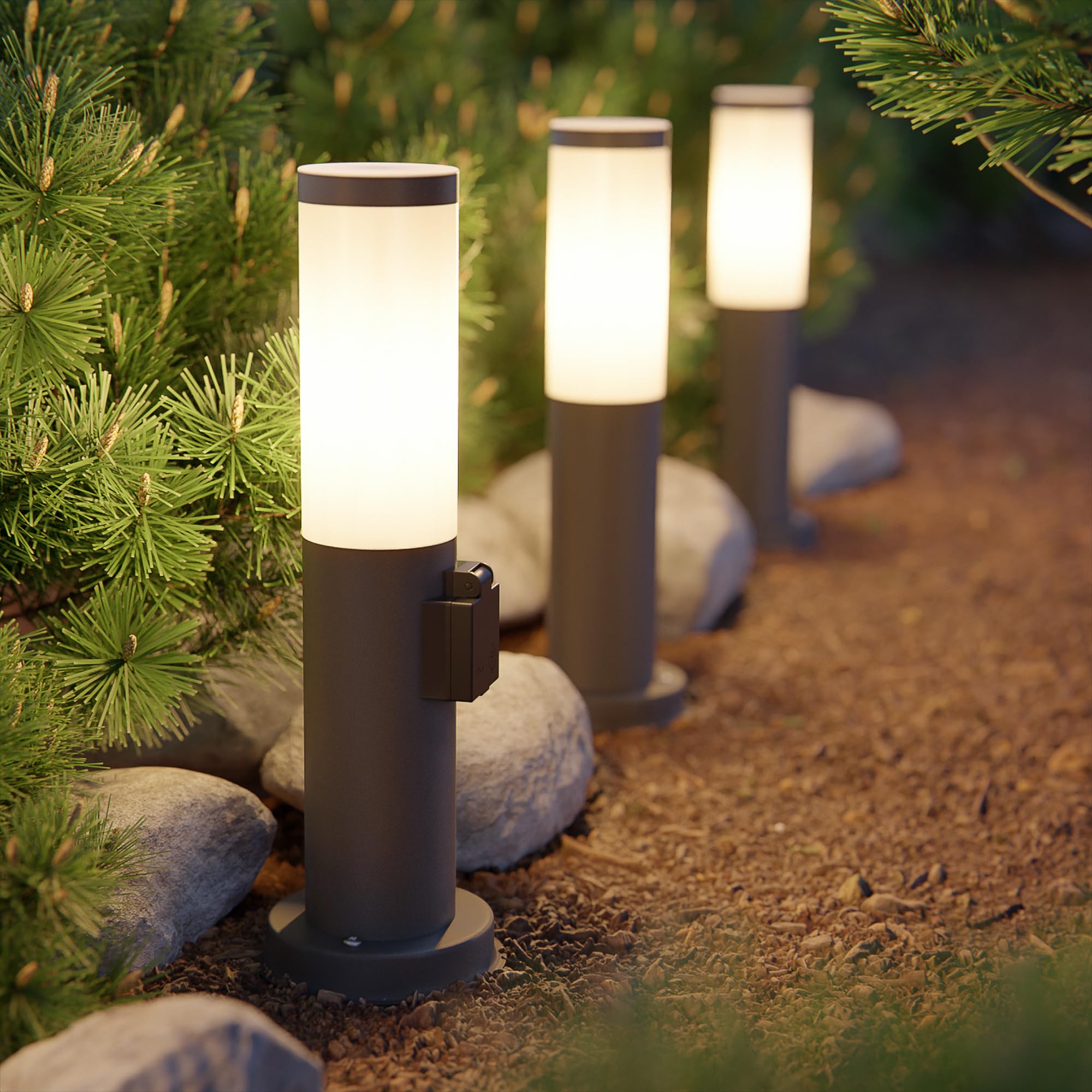 ledscom.de 2 bornes lumineuses PORU avec prise de courant pour l'extérieur, anthracite, 39 cm, ampoule E27 incluse, classe d'efficacité énergétique A (blanc chaud, 4 W, 935 lm)